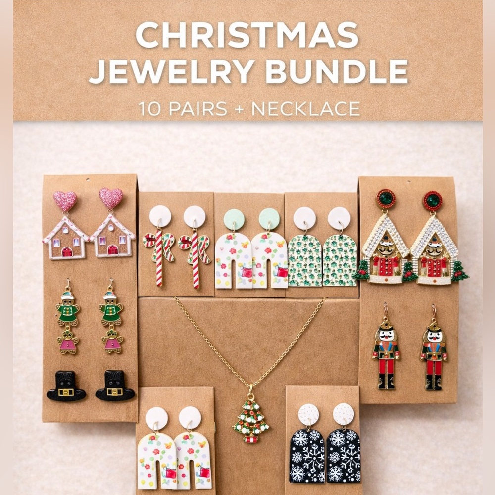Festive Christmas Jewelry Bundle - 10 Pairs + Necklace